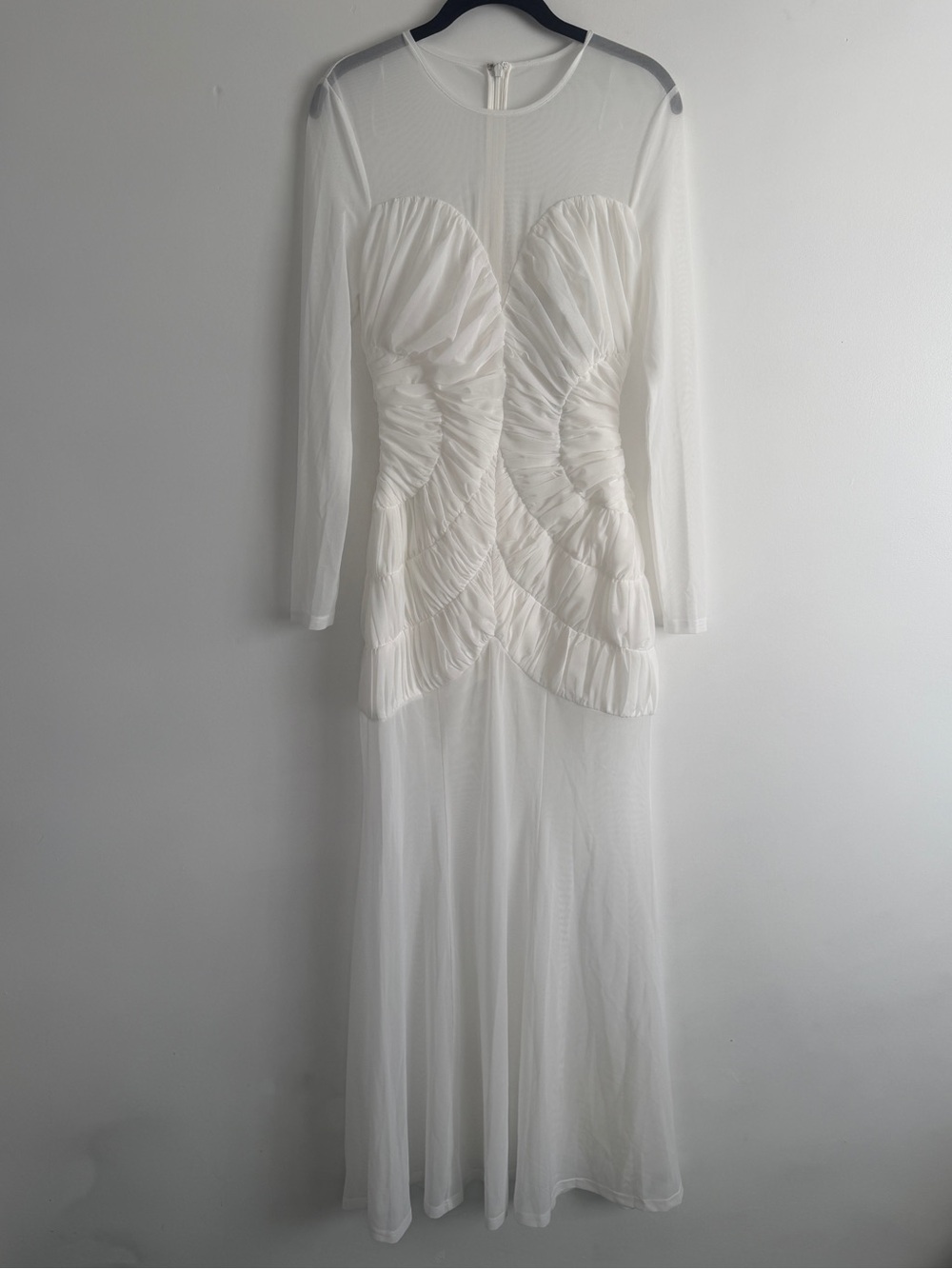 Anthropologie MISHA Elegant Sheer White Long-Sleeve Ruched Maxi Dress